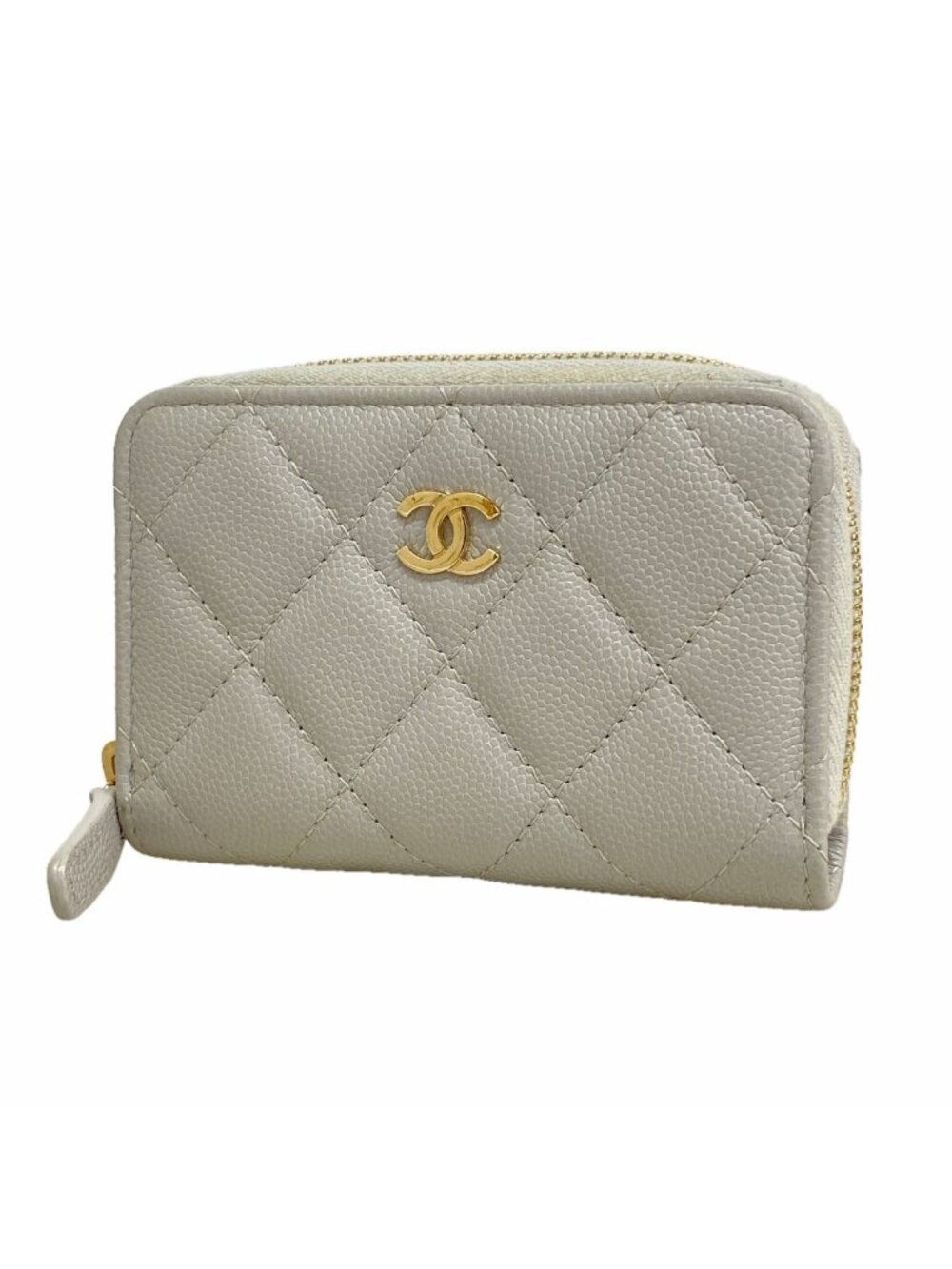 Chanel Coin Purse Quilted Caviar Leather Gray Champagne Gold